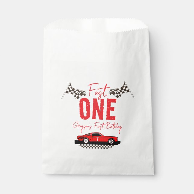 Fast One Race Car Boy 1st Birthday Party Favour Bag (Front)