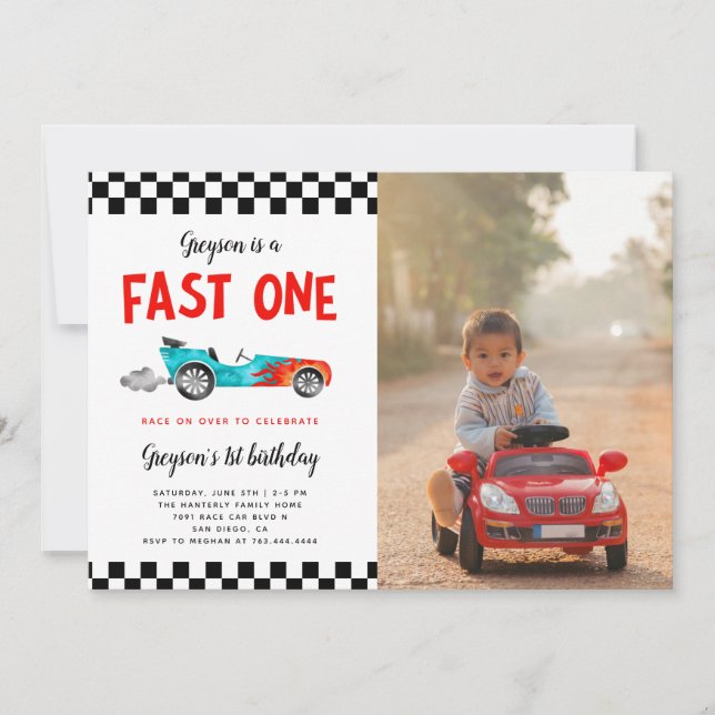 FAST ONE Race Car Boy 1st Birthday Party Photo Invitation (Front)
