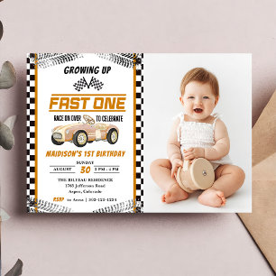 Fast One Race Car Boy 1st Birthday Party Photo  Invitation