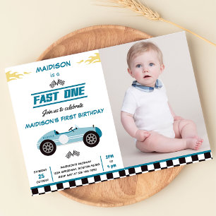 Fast One Race Car Boy 1st Birthday Party Photo Invitation