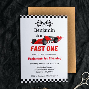 Fast one race car  boy first birrthday party  invitation