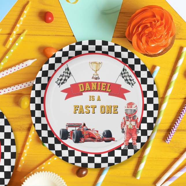 Fast One Race Car Chequered Flag Party  Paper Plate (Creator Uploaded)