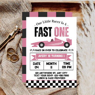 Fast One Race Car Girl 1st Birthday Party  Invitation