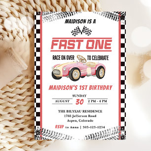 Fast One Race Car Girl 1st Birthday Party  Invitation