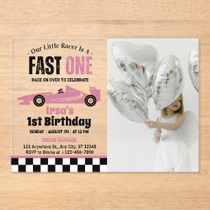Fast One Race Car Girl 1st Birthday Party Photo Acrylic Invitations
