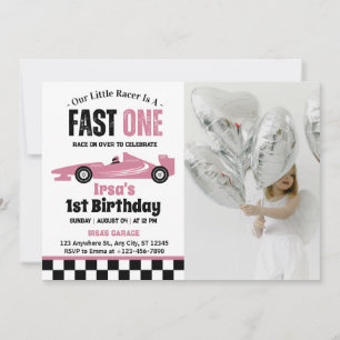 Fast One Race Car Girl 1st Birthday Party Photo Invitation