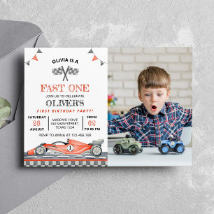 Fast One Race Car Photo Birthday Invitation