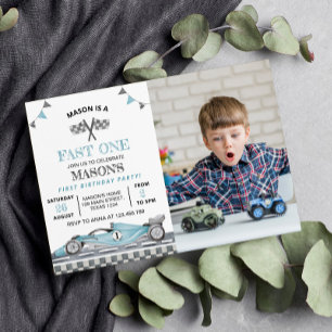 Fast One Race Car Photo Birthday Invitation