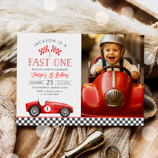 Fast One Race Car Racing Boy 1st Birthday Photo Invitation