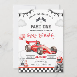 Fast One Race Car Red First 1st Boy Birthday Invitation