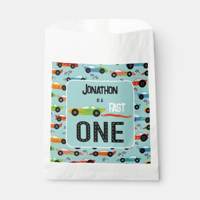 Fast ONE racecar themed 1st birthday party Favour Bag (Front)