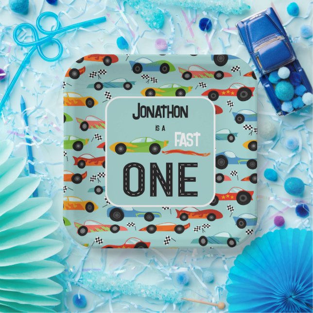 Fast ONE racecar themed 1st birthday party Paper Plate (Party)