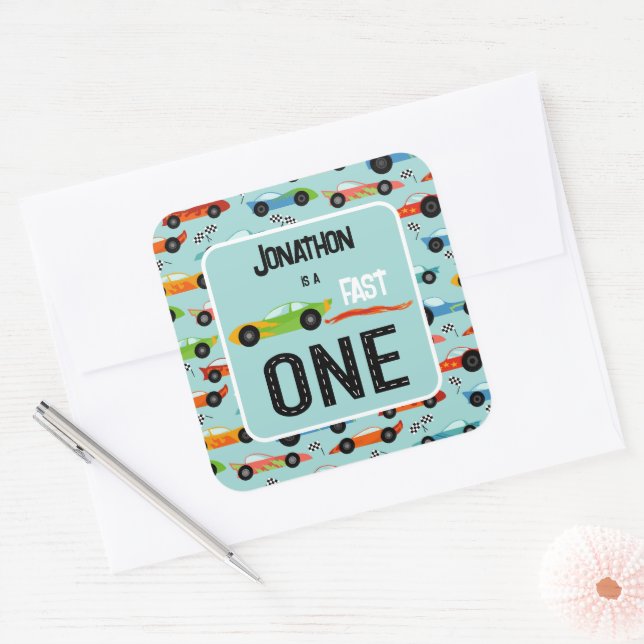 Fast ONE racecar themed 1st birthday party Square Sticker (Envelope)