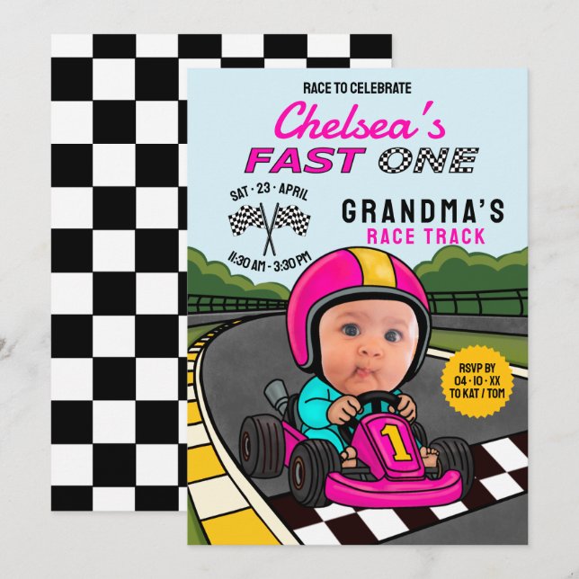 Fast ONE Racer Pink Birthday  Invitation (Front/Back)