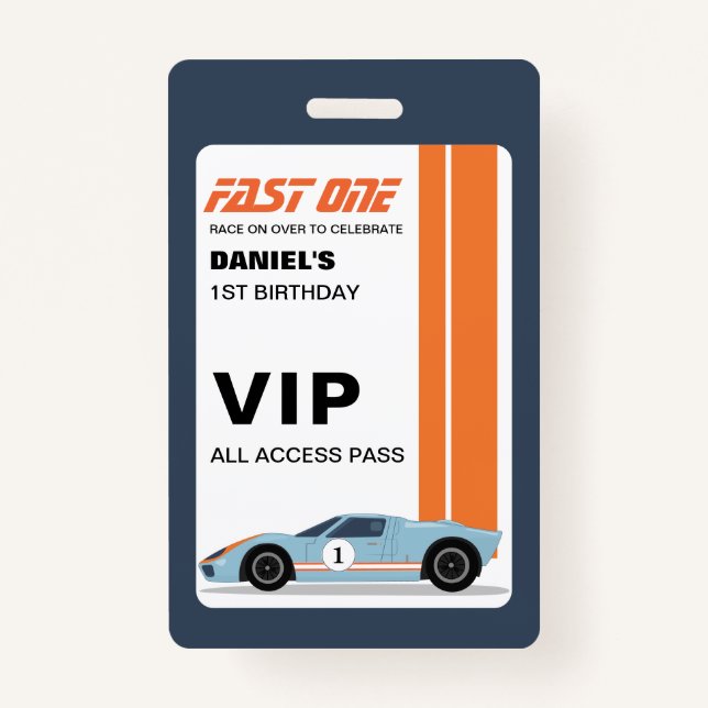 Fast One Racer's VIP Passes Birthday Invitation ID Badge (Front)