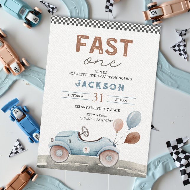 Fast One Racing Car Blue Boy 1st Birthday Invitation (Fast One Race Car Boy's 1st birthday invitation soft pastel blue brown checkered flag, racing)