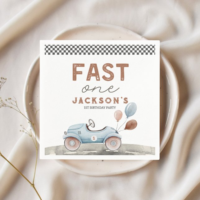Fast One Racing Car Blue Boy 1st Birthday Napkin (fast one custom 1st birthday napkins race car)
