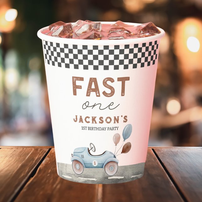 Fast One Racing Car Blue Boy 1st Birthday Paper Cups (fast one race car custom paper cups for 1st birthday)