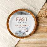 Fast One Racing Car Blue Boy 1st Birthday Paper Plate<br><div class="desc">Bring a playful, stylish touch to your little one’s first birthday celebration with our "Fast One" paper plates, perfect for a race car-themed party! These plates are designed with a modern aesthetic in soft pastel blue and brown tones, capturing the thrill of the race in a chic and charming way....</div>