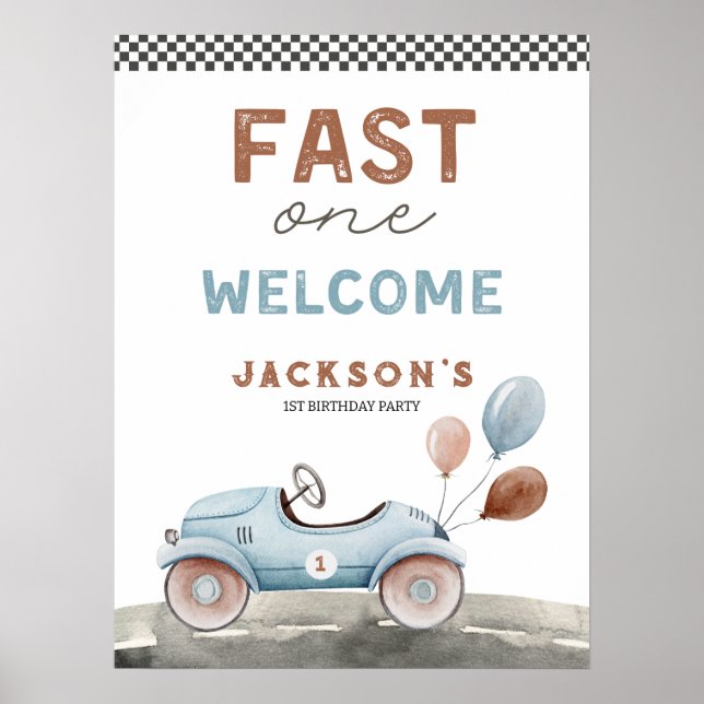 Fast One Racing Car Blue Boy 1st Birthday Welcome Poster (Front)