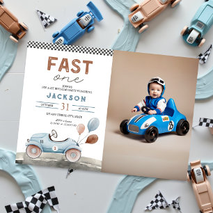 Fast One Racing Car Blue Boy 1st Photo Birthday Invitation