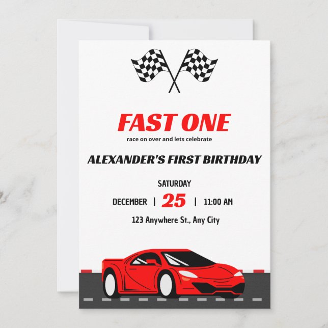 Fast One Racing Car First Birthday Invitation 1st  (Front)