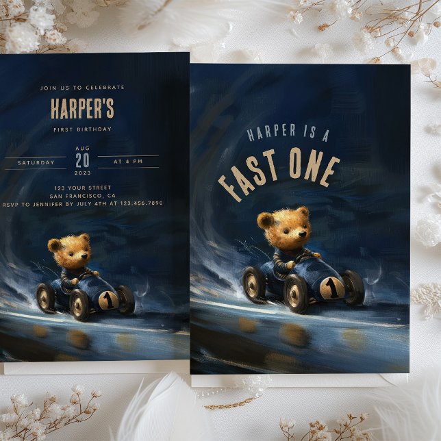 Fast One Racing Car Teddy Birthday Invitation (Creator Uploaded)
