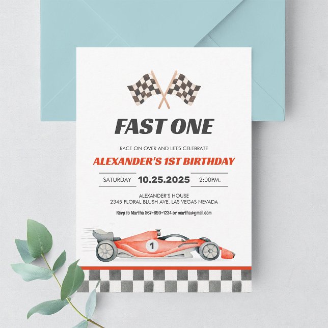 Fast One Racing Car Vintage First Birthday Invitation (Creator Uploaded)