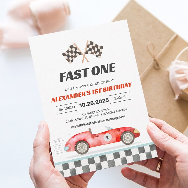 Fast One Racing Car Vintage First Birthday Invitation (Creator Uploaded)