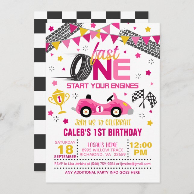 Fast One Racing First Birthday Invitation - Girl (Front/Back)