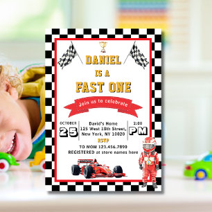 Fast One Racing Theme Checkered Flag Birthday Invitation