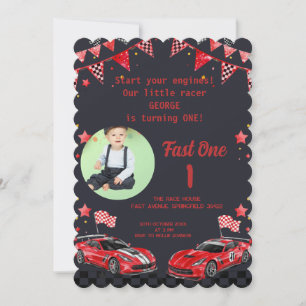 Fast One Red & Black Race Car Photo 1st Birthday Invitation