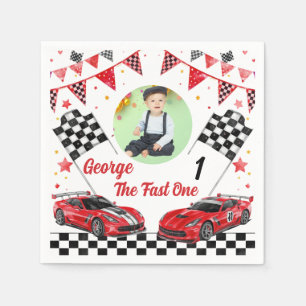 Fast One Red & Black Race Car Photo 1st Birthday Napkin