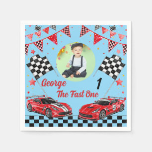 Fast One Red & Black Race Car Photo 1st Birthday Napkin