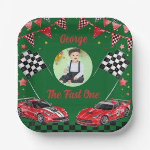 Fast One Red & Black Race Car Photo 1st Birthday Paper Plate