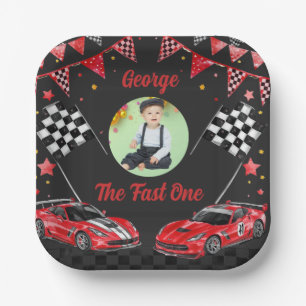 Fast One Red & Black Race Car Photo 1st Birthday Paper Plate