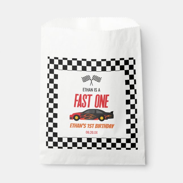 Fast One Red Flame Race Car 1st Birthday Party Favour Bag (Front)