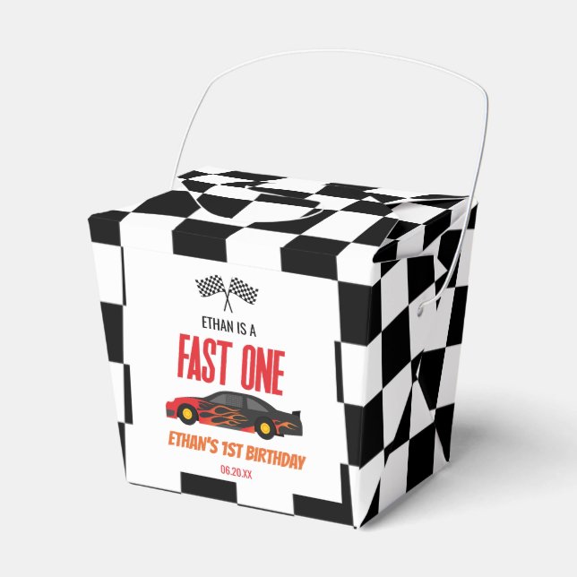 Fast One Red Flame Race Car 1st Birthday Party Favour Box (Front Side)