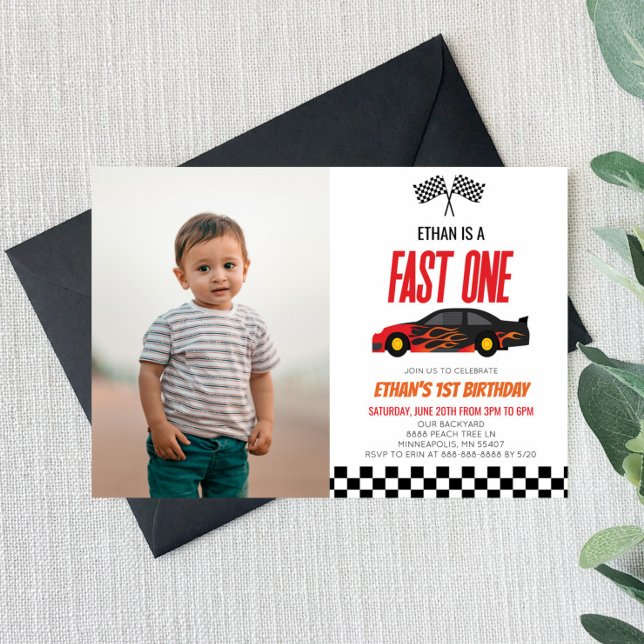 Fast One Red Flame Race Car 1st Birthday Party Invitation (Creator Uploaded)