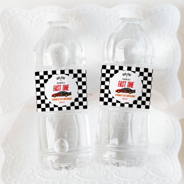 Fast One Red Flame Race Car 1st Birthday Party Water Bottle Label (Creator Uploaded)