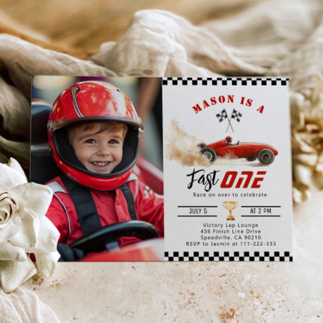 Fast One Red Photo Race car Boy 1st Birthday Invitation (Creator Uploaded)