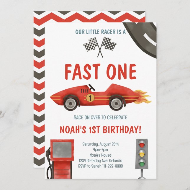 Fast One Red Race Car 1st Birthday Invitation (Front/Back)