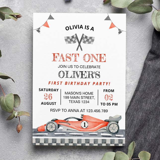 Fast One Red Race Car 1st Boy Birthday Invitation (Creator Uploaded)