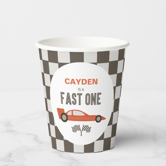 Fast One Red Race Car Birthday Paper Cups (Front)