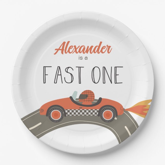 Fast One red Race Car Birthday Paper Plate (Front)
