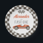 Fast One red Race Car Birthday Paper Plates<br><div class="desc">Fast One Race Car 1st Birthday plate with red vintage race car.</div>