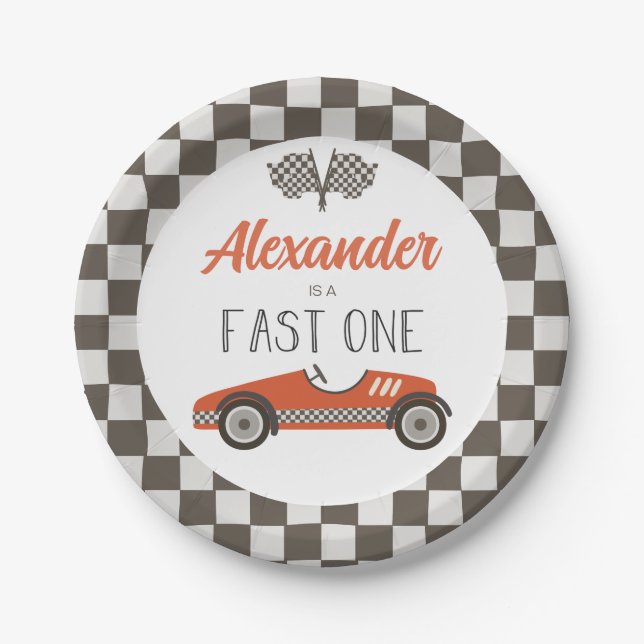 Fast One red Race Car Birthday Paper Plates (Front)