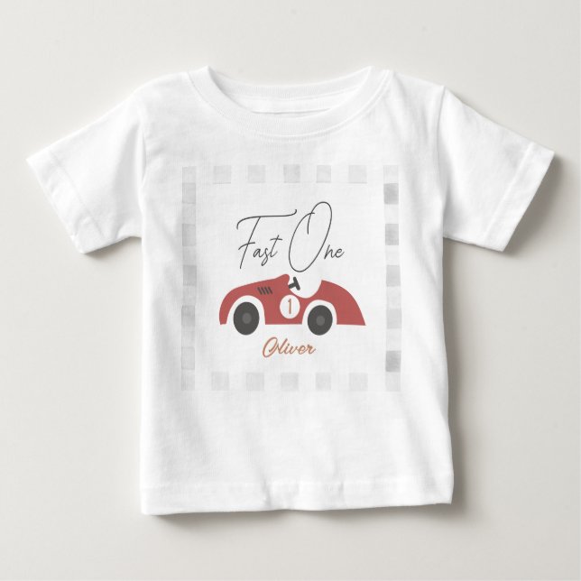 Fast One Red Race Car Boy 1st Birthday Baby T-Shirt (Front)
