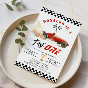 Fast One Red race car Boy 1st Birthday Invitation