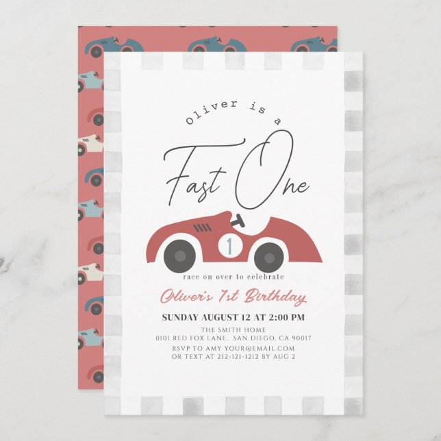Fast One Red Race Car Boy 1st Birthday Invitation (Front/Back)